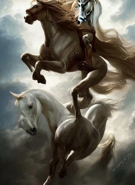 Prompt: the first horseman of the apocalypse riding a white stallion, horse is up on it's hind legs, the rider looks like jesus, ominous, beautiful, artwork by artgerm and rutkowski, breathtaking, dramatic