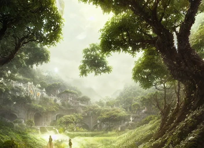 Image similar to Lush fruit farms outside a beautiful elven city made of white marble, anime, lush trees, a fantasy digital painting by Greg Rutkowski and James Gurney, trending on Artstation, highly detailed