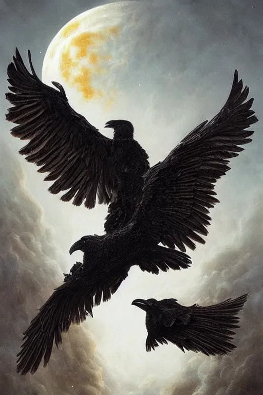 Image similar to Intricate stunning highly detailed surreal ravens by agostino arrivabene and Vladimir Kush, ultra realistic, Horror, dramatic lighting, full moon, blood moon, thick black swirling particle smoke tornado, fire embers, cgsociety