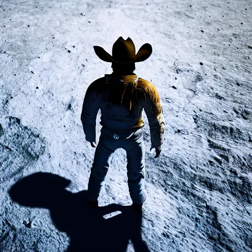 Image similar to cowboy on the moon, standing pose, planet earth background, photorealistic, octane render, blender render, dynamic lighting