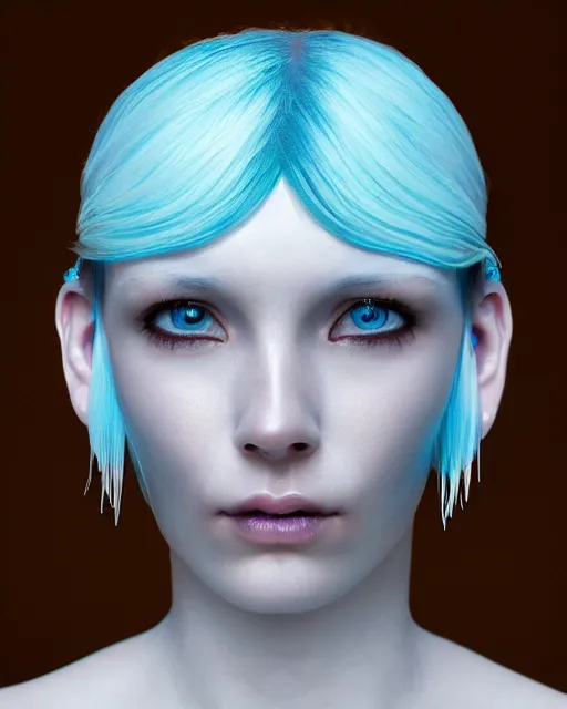 Image similar to natural light, soft focus portrait of an android with soft synthetic blue skin, bioluminescent plastics, smooth shiny metal, elaborate head piece, piercings, skin textures, by annie liebovotz,