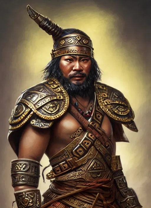 Prompt: smart tai warlord, closeup portrait, historical hero, ethnic group, sukhothai costume, bronze headset, intricate, with leather armor cross on bare chest, tai body tattoo, elegant, loin cloth, highly detailed, oil painting, artstation, concept art, matte, sharp focus, illustration, hearthstone, art by earl norem