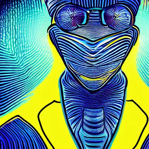 Image similar to human man that resembles a wasp morh in surreal sketch style, blue and yellow gradient, noise, ultrafine detail, hd 8k, logo illustration