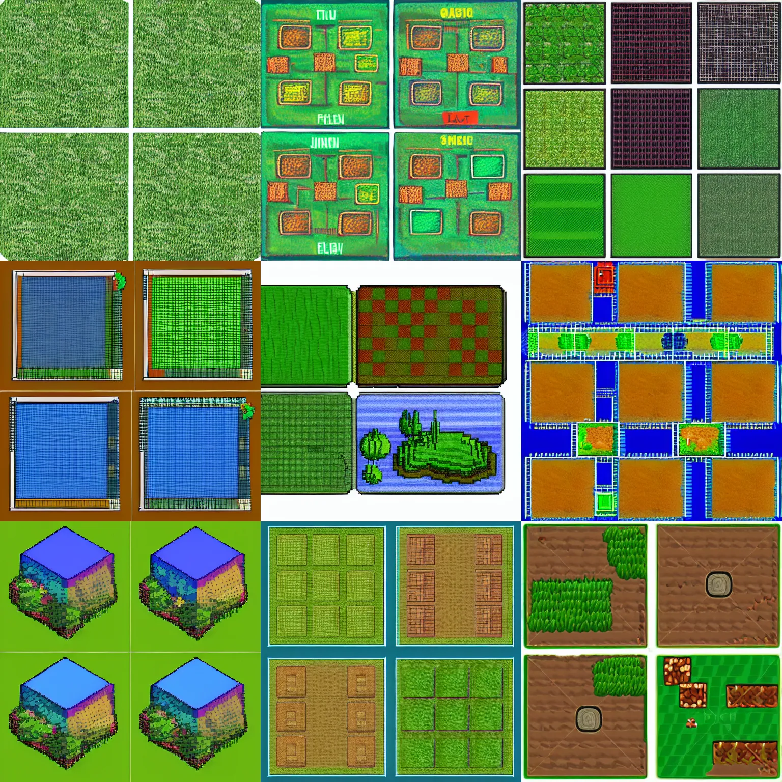 Prompt: game tiles 16x16, grass, night and day