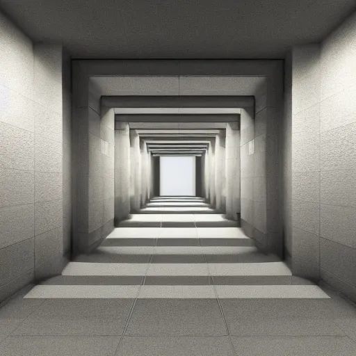 Image similar to symmetry, parallel perspective with center end point, parallax mapping of brutalist room, by maurits cornelis escher, octane render, high quality