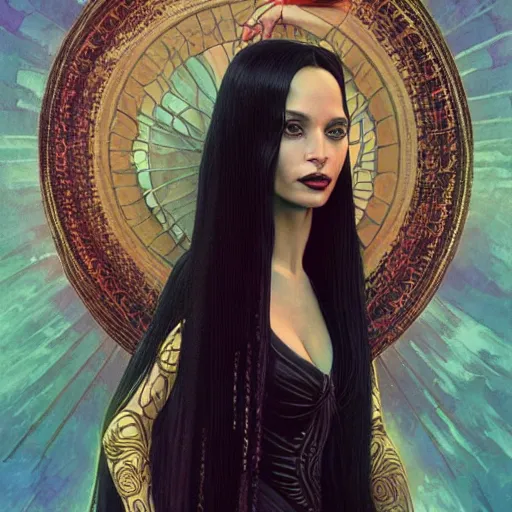 Image similar to zoe kravitz as morticia addams, masterpiece, intricate, elegant, highly detailed, digital painting, artstation, concept art, smooth, sharp focus, illustration, art by artgerm and greg rutkowski and alphonse mucha and uang guangjian and gil elvgren and sachin teng, symmetry!!