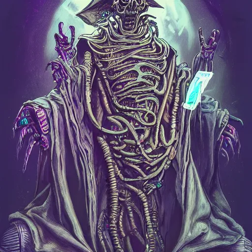 Image similar to cyberpunk undead lich ilithid mindflayer playing synthesizers, honeycomb skull structure, D&D, highly detailed, realistic, technology and magic,