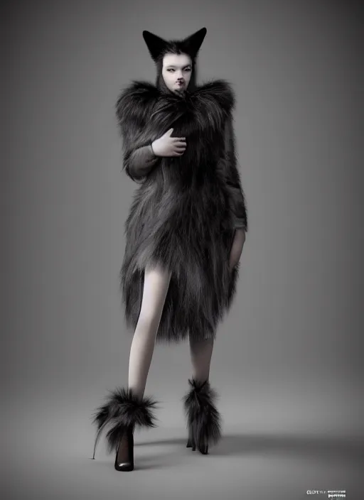 Image similar to full body environmental portrait photo of dressed catgirl anya taylor - joy, cat ears, fur, glamour shot by gemmy woud - binnendijk, chris knight, photorealistic, canon r 3, high fashion photography, elegant, luxury and elite, symmetry, octane render, unreal engine, solid dark grey background, dramatic lights