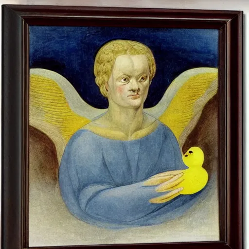 Image similar to terrifying biblical angel holding a duck, by jean deville, by william blake, oil on canvas