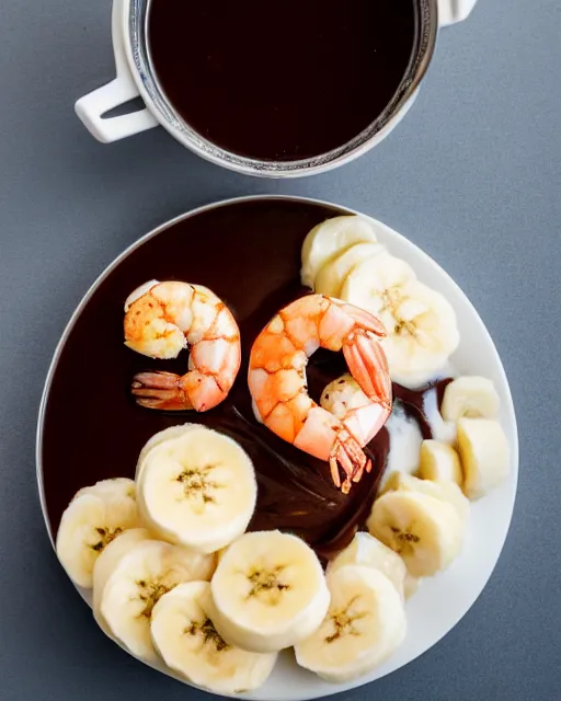 Image similar to dslr food photograph of a cup of ice cream with shrimps on top. chocolate sauce, shrimp, banana slices. 8 5 mm f 1. 4