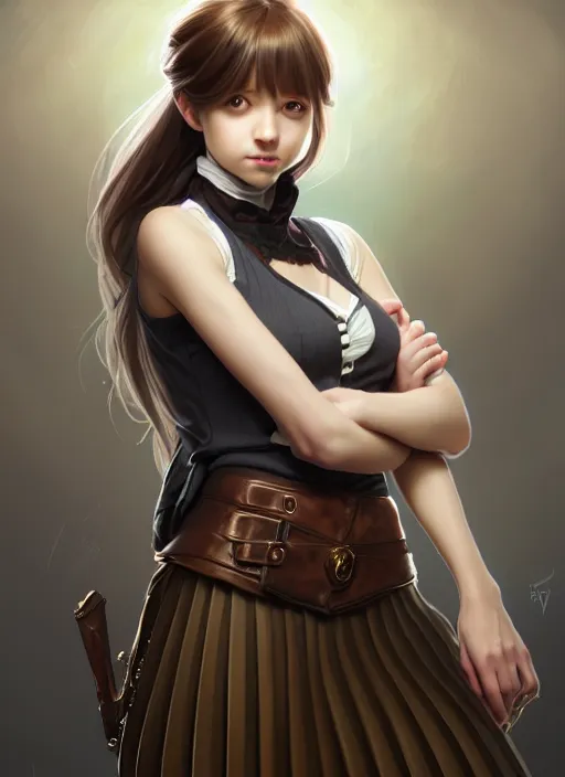 Image similar to portrait of a full body of beautiful young female detective, d & d, sleeveless turtleneck, pleated skirt, fantasy, flat lighting, intricate, highly detailed, digital painting, artstation, concept art, smooth, sharp focus, illustration, misa amane, art by simon bisley and greg rutkowski and alphonse mucha, natural tpose