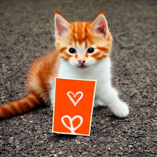 Image similar to cute fluffy orange tabby kitten with a sign that says