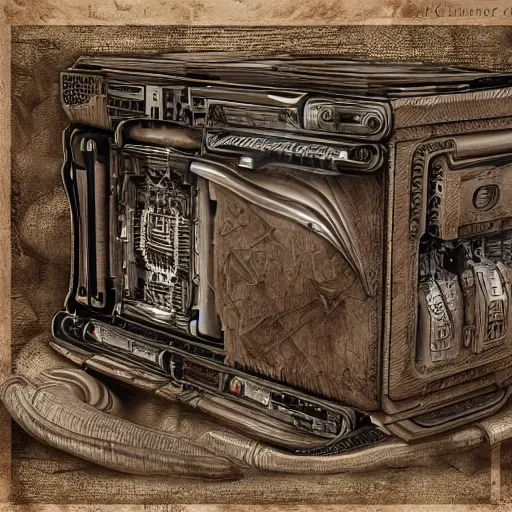 Prompt: Portable computer in ancient time, highly detailed, highly realistic, artstation, by Hans Giger