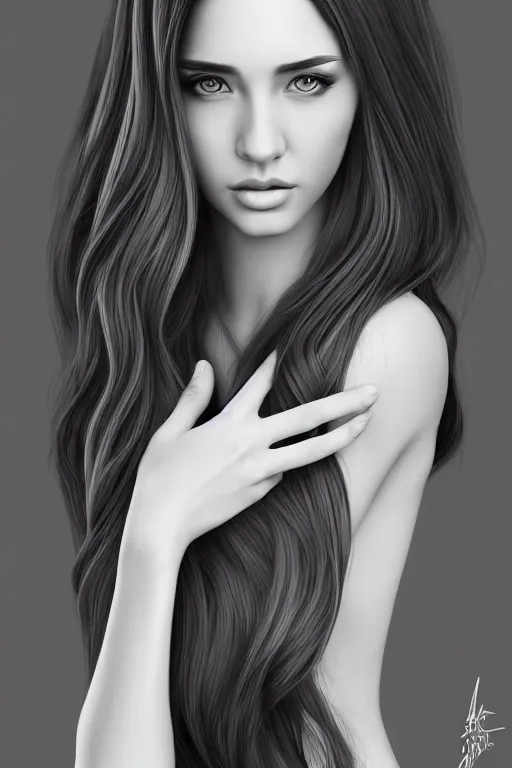 Image similar to full body portrait of a beautiful young woman in black and white, photorealistic, hair down to waist, sharp focus, in the style of Kevin Kostic, Stephen Lau and artgerm, hyper sharp focus, 8k highly detailed