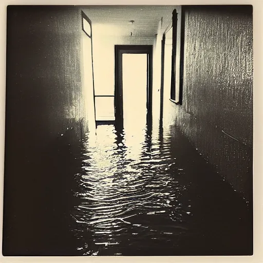 Image similar to flooded hallway, polaroid,