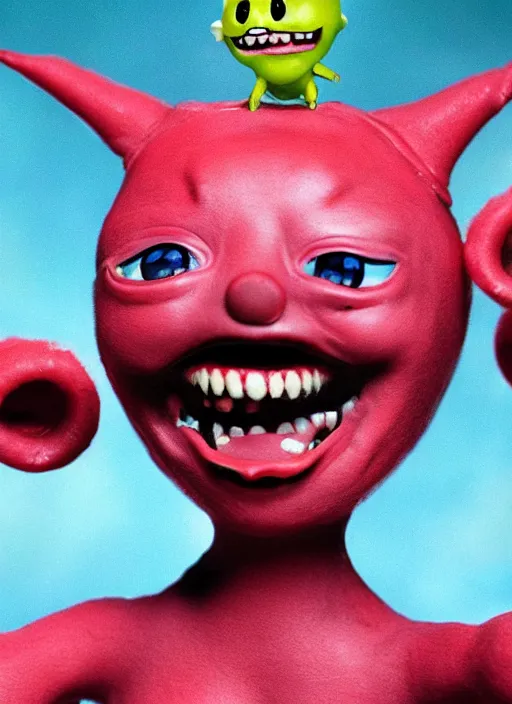 Prompt: a dramatic hyperrealistic pop surrealist oil panting of an enraged grotesque kawaii vocaloid figurine caricature screaming red in the face lunging with popping veins featured on gremlins by aardman animation made of warp spasm