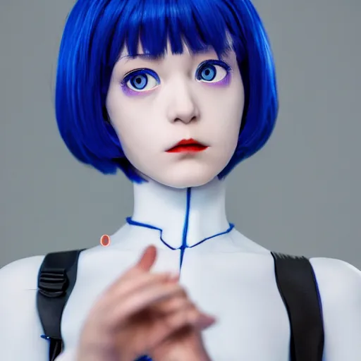 Image similar to Rei Ayanami from Neon Genesis Evangelion, live action, portrait shot,