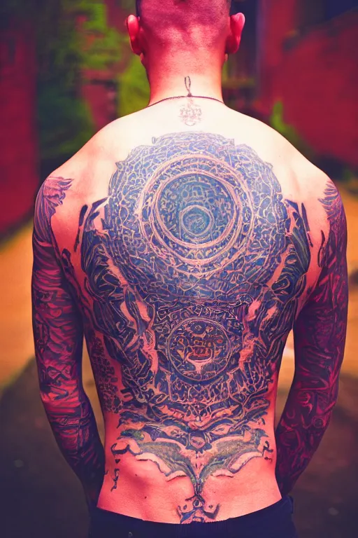 Image similar to agfa vista 4 0 0 photograph of a guy with elaborate intricate back tattoos, back view, synth vibe, vaporwave colors, lens flare, moody lighting, moody vibe, telephoto, 9 0 s vibe, blurry background, grain, tranquil, calm, faded!,