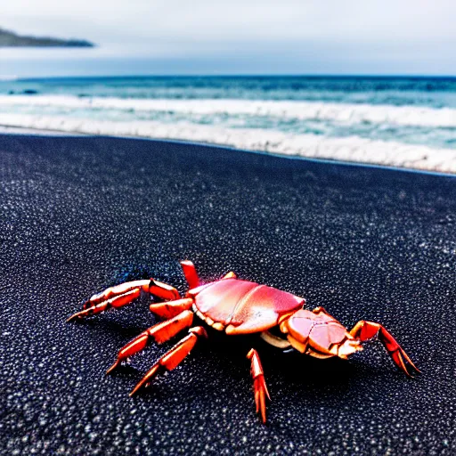 Prompt: crustacean on black sand beach