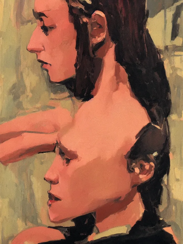 Image similar to portrait profile of a mysterious beautiful women in 1 9 7 8. oil painting by john watkiss