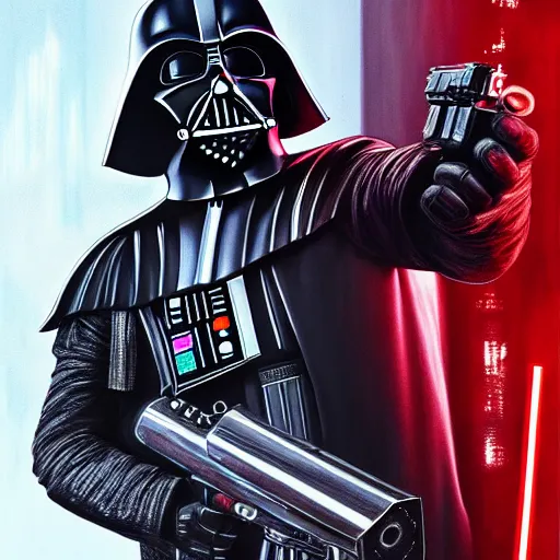 Image similar to hyperrealistic portrait of gothic cyberpunk darth vader holding a machine gun, 4 k, highly detailed, beautifully rendered