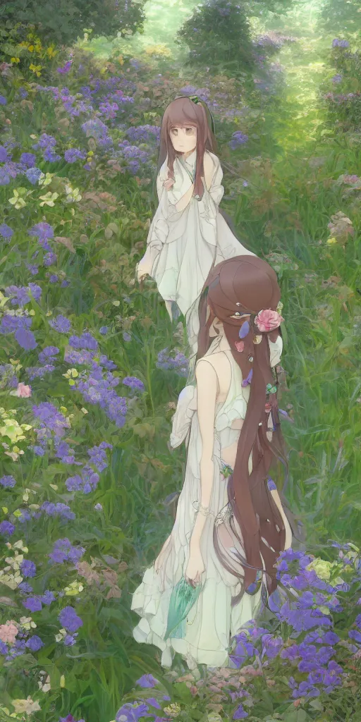 Prompt: a digital art of a loli with long hair in a dress in the privet garden at after noon, green and warm theme, mediumslateblue flowers, back lighting, by krenz cushart and mucha and akihito yoshida and greg rutkowski and makoto shinkai, highly detailed, 4 k resolution, trending on art station