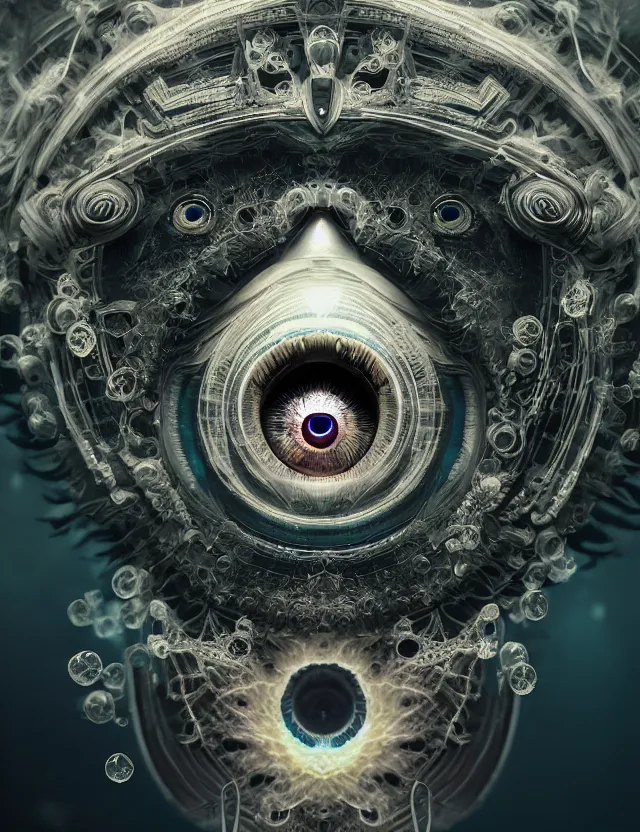 Image similar to eye of god macro close - up portrait with mask made of ram skull. betta fish, jellyfish phoenix, plasma, water, wind, creature, super intricate ornaments artwork by tooth wu and wlop and beeple and greg rutkowski