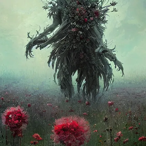 Prompt: a beautiful terrifying monster made out of flowers. ethereal horror fantasy art by greg rutkowski