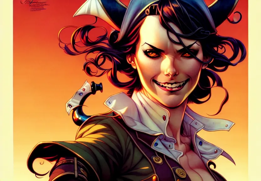 Image similar to artgerm, joshua middleton comic cover art, pretty pirate marisa laren smiling, full body, symmetrical eyes, symmetrical face, long curly black hair, on a pirate ship background, warm colors