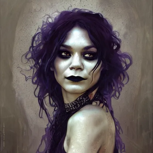 Image similar to beautiful portrait of vanessa hudgens as death from sandman, smiling, by cedric peyravernay, alphonse mucha, by jeremy mann, by lecouffe deharme, goth chic, soft lightning, eyeliner, punk rock, high detailed, 8 k