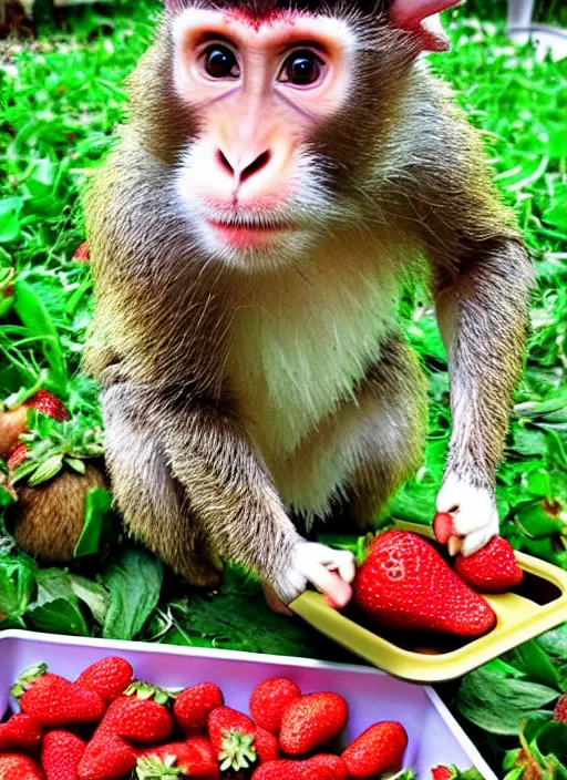 Image similar to Rabbit-capuchin hybrid eating strawberries from a tray. Bunny-monkey creature. Shot on iPhone. HD digital photography.