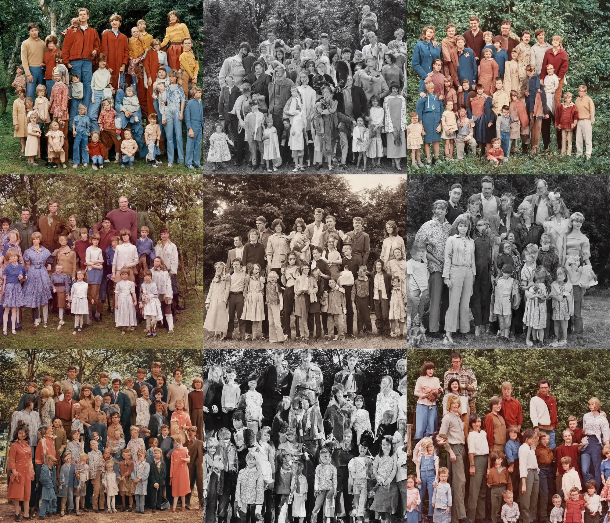 Prompt: highly detailed, 256435456k film, 806400mm film still from 'land of giants' picture of a family standing for a group photo the family are all wearing 1960s era clothes, good lighting, good photography, ultra high definition