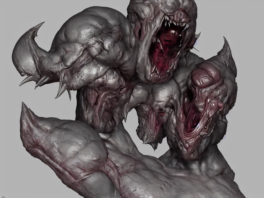 Image similar to doom, muscular body, chiroptera head, chiroptera ears, big sharp teeth, hyperrealism, artstation, cgsociety, zbrush, no background