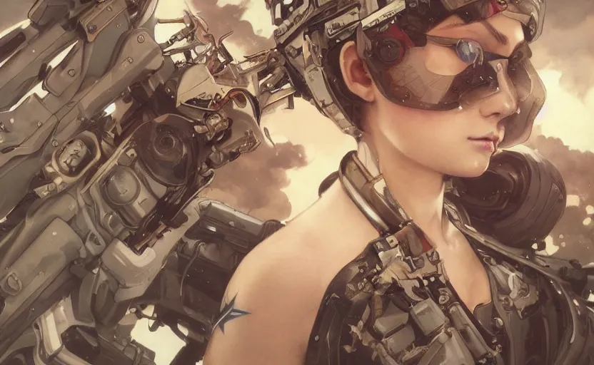 Image similar to mechanized valkyrie girl, anime style, airforce insignia, vintage clothing, spreading wings, short hair, hair down, symmetrical facial features, from arknights, hyper realistic, 4 k, rule of thirds, extreme detail, detailed drawing, trending artstation, hd, d & d, realistic lighting, by alphonse mucha, greg rutkowski