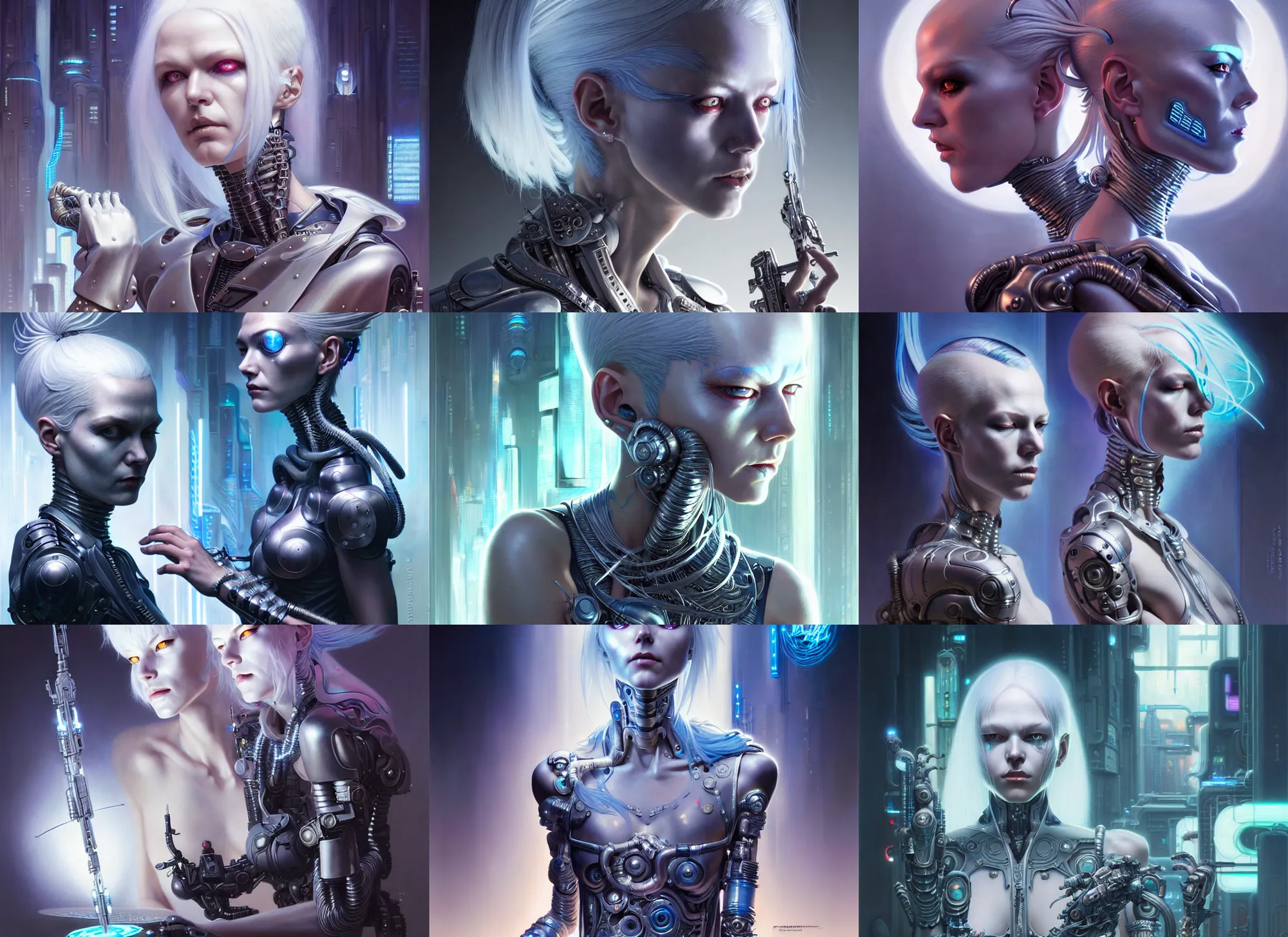 Prompt: silver haired cyberpunk girl, dramatic lighting, ultra realistic, intricate details, the fifth element artifacts, highly detailed by peter mohrbacher, allen williams, hajime sorayama, wayne barlowe, boris vallejo, aaron horkey, gaston bussiere,