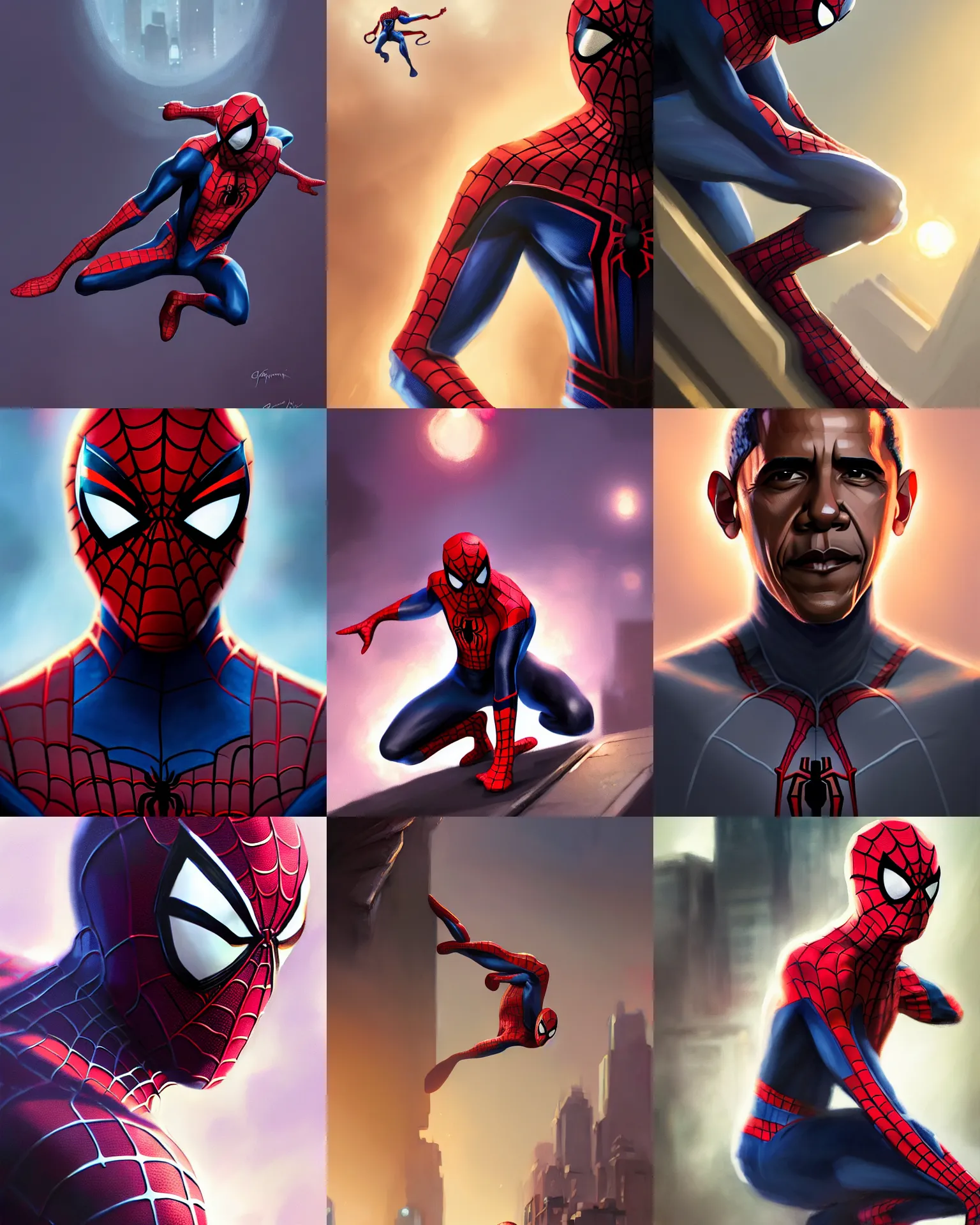 Prompt: Barack Obama in a Spider-Man suit, medium shot close up, details, sharp focus, illustration, by Jordan Grimmer and greg rutkowski, Trending artstation, pixiv, digital Art
