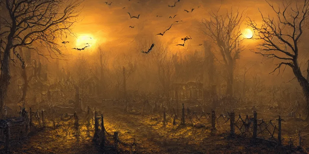 Image similar to a halloween landscape in november, by Ernest deutsch + Ted Nasmith, cinematic lighting, masterpiece, highly detailed, 8k resolution, trending on art station