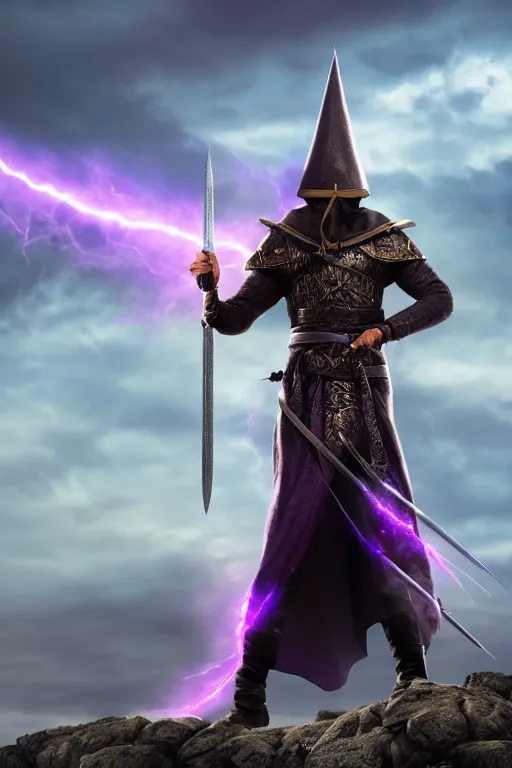 Prompt: hyper realistic wizard holding a sword that’s pointed towards the sky, getting shocked by purple lightning, standing on a mountaintop, octane, trending on artstation, hyper realistic, highly detailed, amazing depth of field, 8k