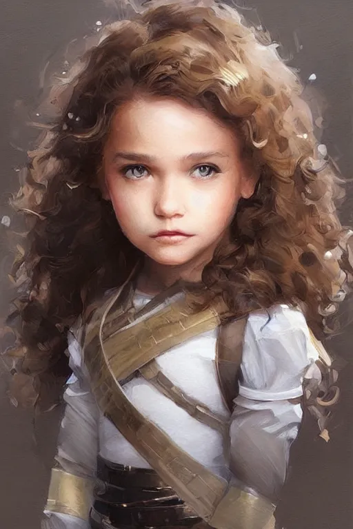 Prompt: a little girl with a michievous face and light brown curly hair. she is dressed as a superhero. clean elegant painting, beautiful detailed face. by artgerm and greg rutkowski