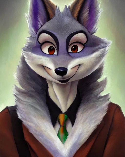 Prompt: beautiful oil painting of anthromorphic female wolf, in style of zootopia, zootopia, zootopia, fursona, furry, furaffinity, 4 k, deviantart, furry art, fursona art, wearing black business suit, business suit, in style of zootopia, wolf fursona, female, expressive detailed very very very feminine face,