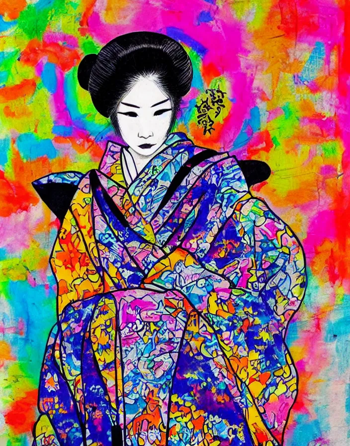 Image similar to ink on paper, a portrait of a geisha wearing a colorful kimono with graffiti tags, by goyo hashiguchi!!, colorful, xray melting colors!!