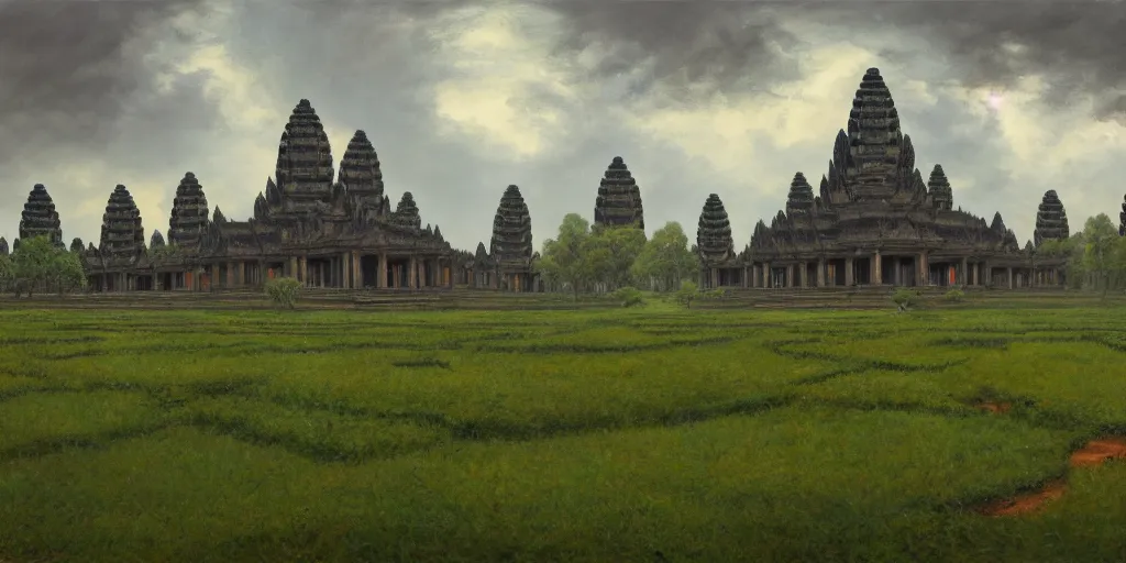 Prompt: Enormous thunderstorm over a fantastical green field with an ornate Khmer temple in the center, tonalism style, trending on Artstation, 8k, 4k, high-res, digital art