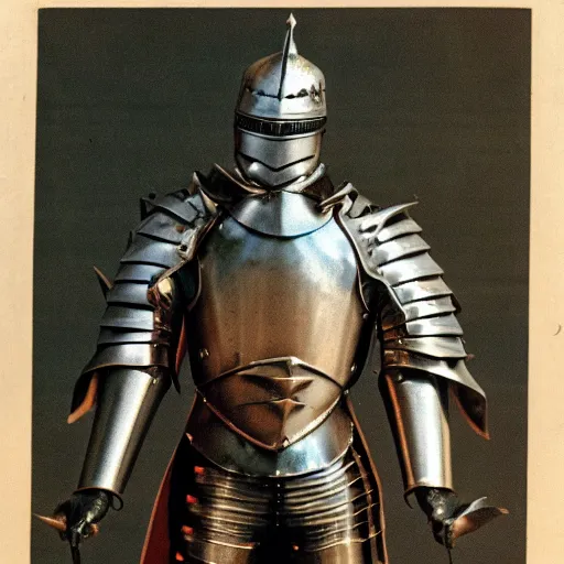 Prompt: a knight wearing pointy steel armor and helmet