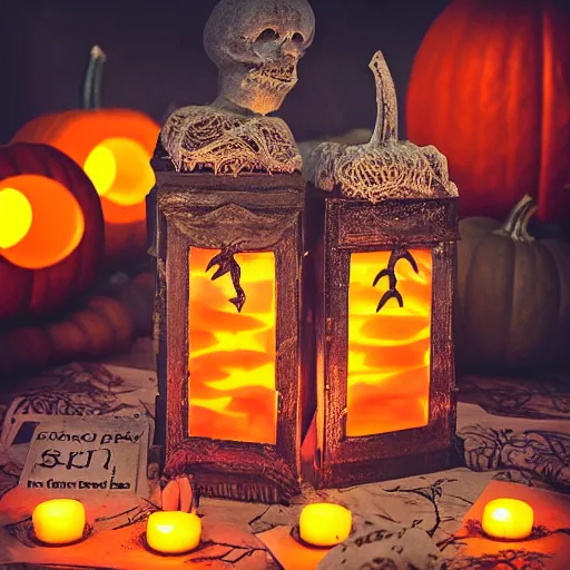 Image similar to halloween dream big pumpkin sepia ambient chill nostalgic candy candles outside kids ghosts costumes sunset intricate, hyper detailed, realistic, cinematic lighting