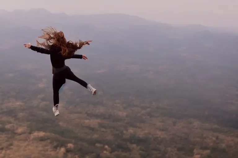 Prompt: photo of young woman that can fly hovering a few feet off the ground by Emmanuel Lubezki