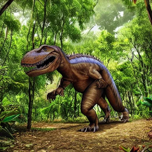 Prompt: giant tyrannosaurus rex walking through a tropical forest