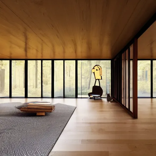 Image similar to architecture ad for a big mid-century modern house in the middle of the wood designed by kengo khuma. grain, cinematic, colorized, yellow hue.