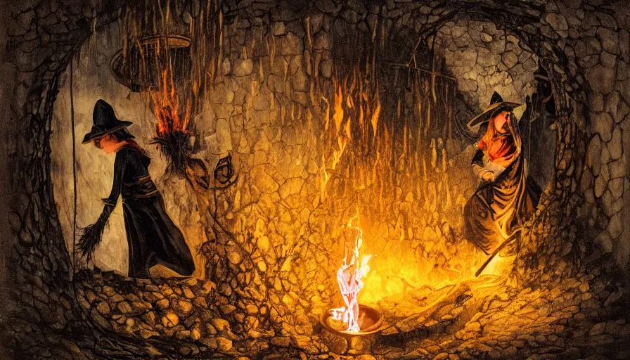 Image similar to witch climbing out of a well with a burning torch, intricate details, dramatic light, establishing shot