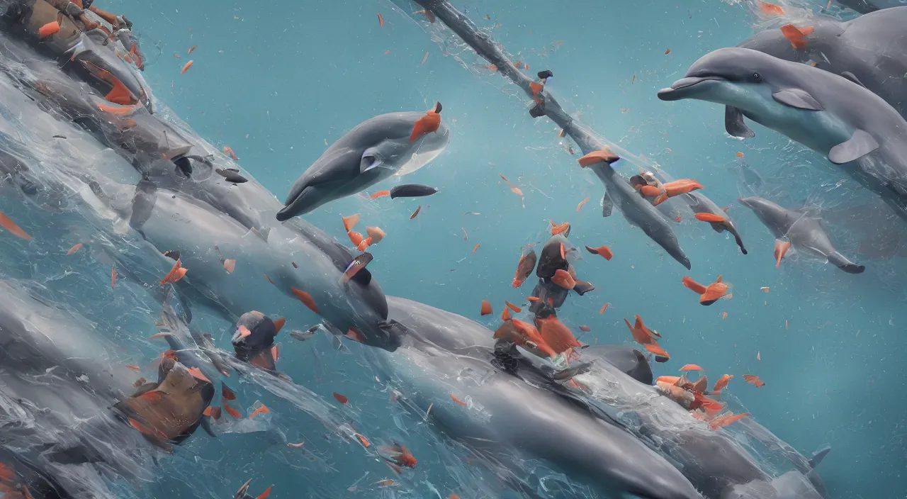 Image similar to government run by dolphins , painting overlay by beeple by Raffaello Sanzi and Chao Teng Zhao, centered,pixar and dremwork artstation, smooth, sharp focus, octane render, 3d rim light