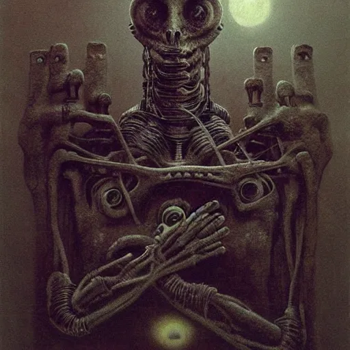 Prompt: ancient robot beksinski, eldritch, apocalypse, creepy creature, horror spooky